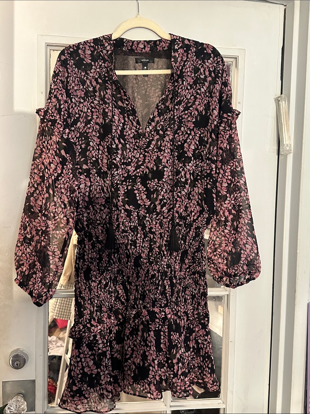 Aqua Black and Pink Floral V-Neck Smocked Waist Long Sleeve Dress